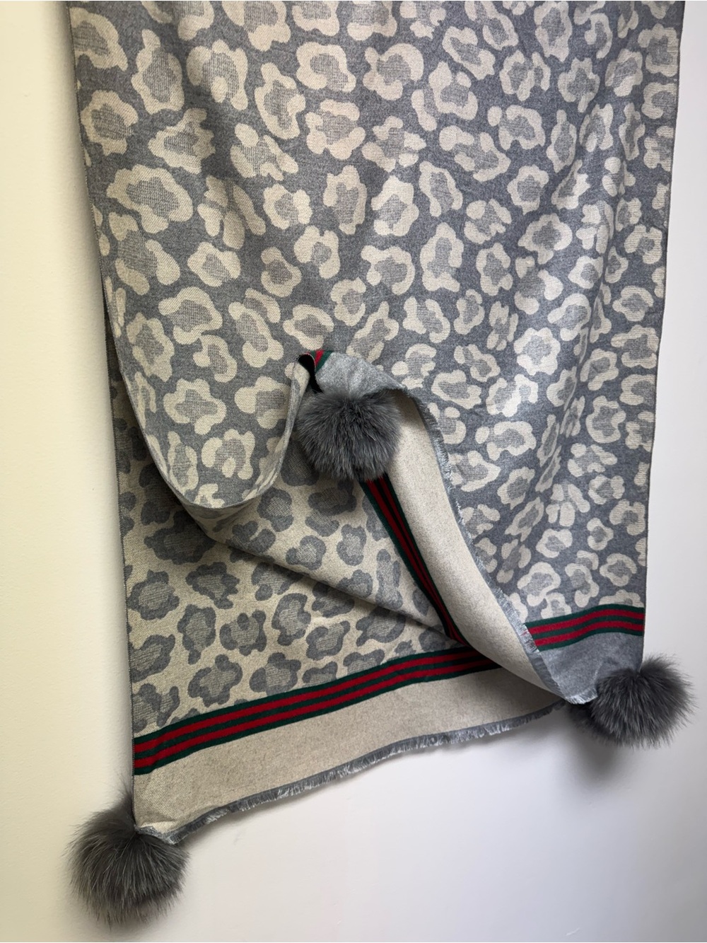Gucci Gray & Cream Leopard Print Shawl with Red-Green Stripe and Gray Pom Poms